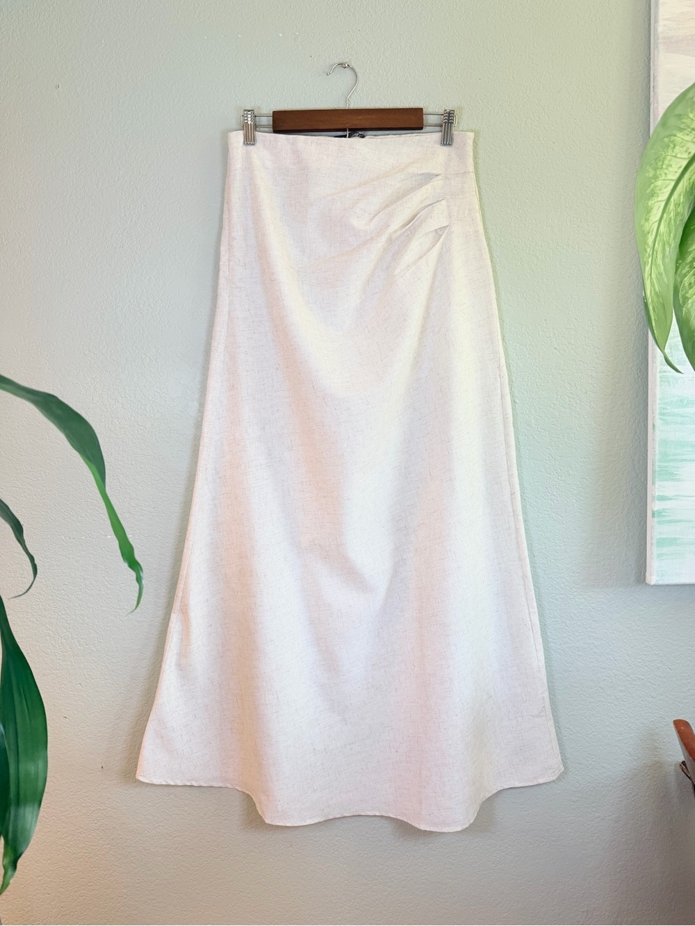 Micas Linen Cotton Heathered Oatmeal Side Pleated A Line Bohemian Maxi Skirt M